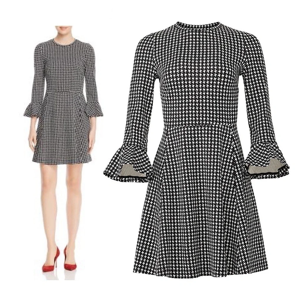 KATE SPADE Houndstooth 3/4 Ruffle Sleeves Stretch Crepe Fit & Flare Dress Size S